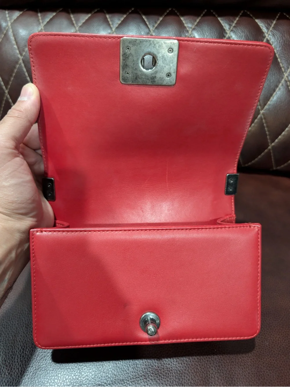 CHANEL Red leather small Boy with gunmetal tone chain